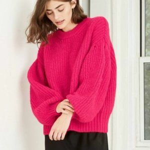 A New Day Women's S Bright Pink Balloon Sleeve Boat Neck Pullover Sweater